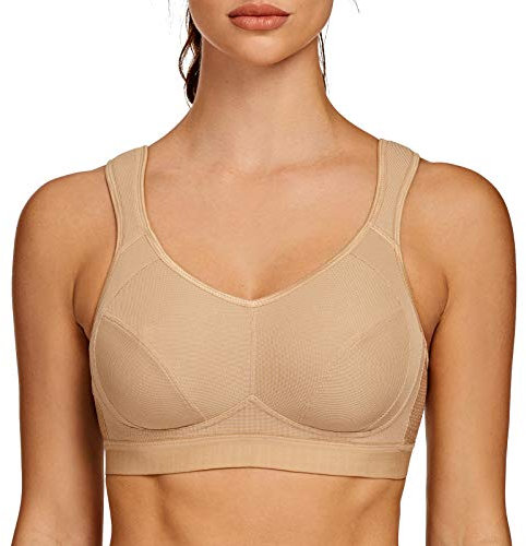 AGONVIN Damen Sport BH Starker Halt Große Brüste Acvive High Support Lauf Fitness Yoga Bra Beige 70F