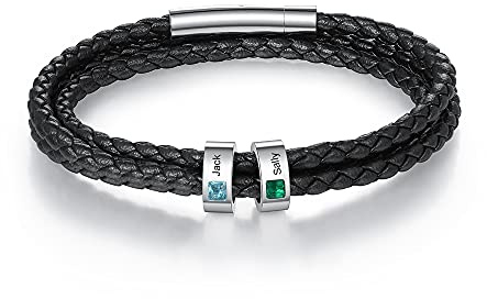 ALBERTBAND Herren Armband Personalisierte Armband mit Gravur Geburtssteine Silber Leder Armband Freundschaft Familie Geschenke Silber Charm Armband