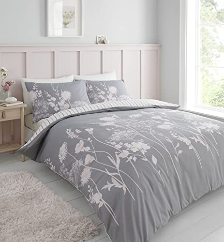 Catherine Lansfield Meadowsweet Floral Reversible King Duvet Cover Set with Pillowcases Grey Pink