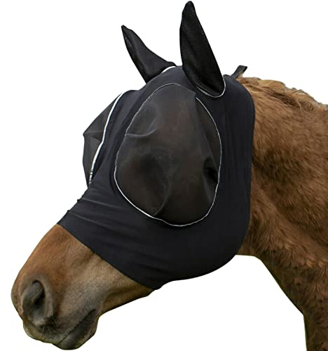 CENPEK Hästflugmask med öron, smidig och elastisk flugmask för hästar med UV-skydd, svart