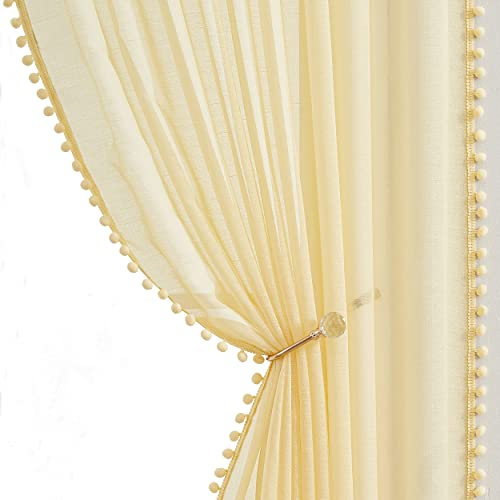 Pom Pom Sheer Yellow Curtains for Living Room Bedroom 52 x 72 Inch Slub Linen Texture Curtain Panels for Nursery Kids Room Airy & Light Filtering Solid Pencil Pleat Tape Top Voile Window Drapes 2 Pack
