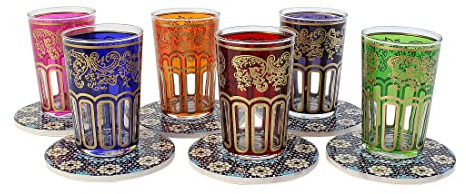 6 verres à thé marocains multicolores avec 6 dessous de verre en mosaïque en céramique Beau design classique (MTC1)