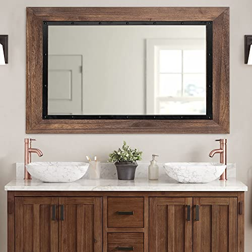 YOSHOOT Rustic Wooden Framed Wall Mirror, 30x20, Natural Wood and Iron Bathroom Vanity Mirror for Farmhouse Decor, Vertical or Horizontal Hanging