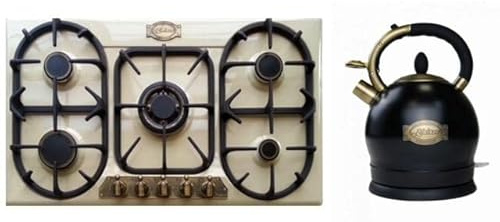 Kaiser KG 9325 ELfEm Gas-Kochfeld,90cm,Einbau Herd, Emaliert Elfenbein, 3,8 KW WOK,Gas-Control,Erdgas, Propangas+WK 2000 Em Exklusiver Retro Wasserkocher Kontroll LED 2 L 1800W