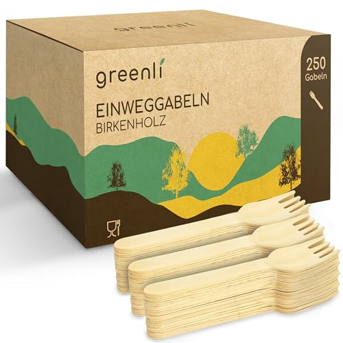 greenli® Einweggabeln - 250 Holzgabeln - Nachhaltiges Holzbesteck Einweg – Plastikfreies Einwegbesteck Set