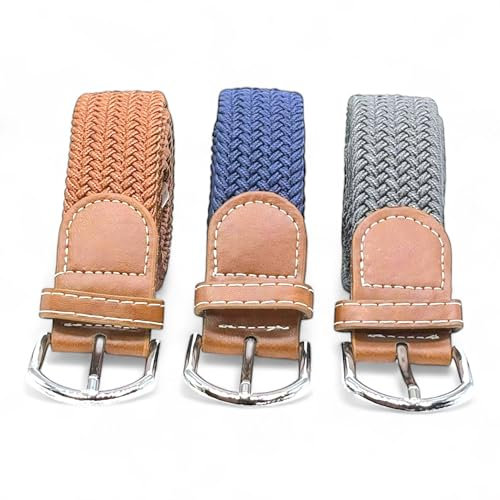 SEGMENTES Geflochtener elastischer Gürtel, 3er-Set für Damen und Herren, Einheitsgröße, für Freizeit oder Kleidung, Länge von 110 bis 140 cm, Blau, Grau und Braun