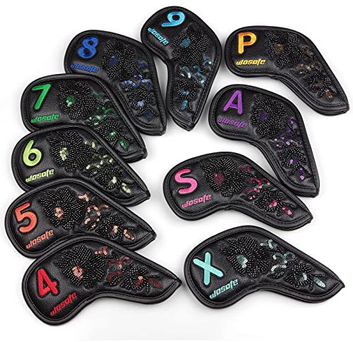 10Pcs/set Golf Iron Headcovers PU Sequin Embroidery Soft Plush Lining Protection Sleeve Head Cover Magic Tape Closure Sports Supplies,Black