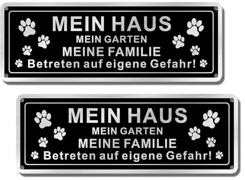 SINMAO Warnschild Hund Lustig Metall 25x9cm | Schutz der Wohnung “MEIN HAUS MEIN GARTEN MEINE FAMILIE” Betreten auf Eigene Gefahr 2 Stück