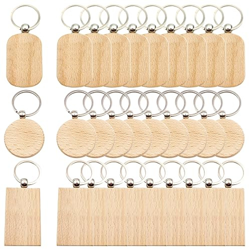 Pamtns Porte Clé en Bois 30 Pièces Personnalisable, Étiquettes Bricolage Vierge, Porte Clés Naturel à Graver pour Cadeau et Décoration