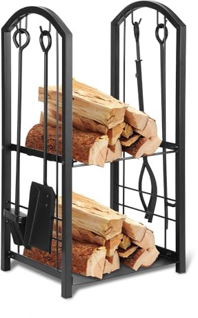 Joparri Étagère, Support à bois de cheminée avec 4 outils de cheminée et 2 étagères - 74 x 37 x 33 cm - pour l'intérieur et l'extérieur - Pour métal - Noir - Jusqu'à 100 kg