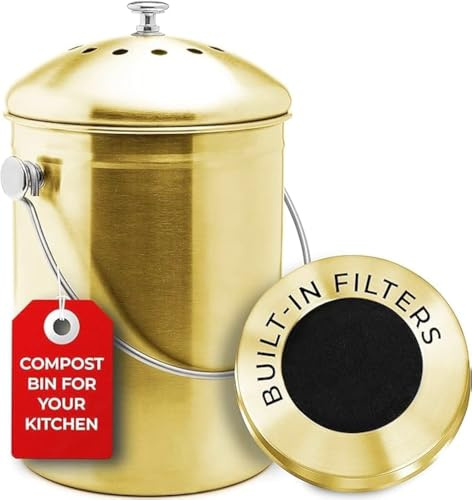 EPICA Contenedor de abono para encimera de Cocina, 1.3 galones, contenedor de compostaje Inodoro con filtros de Carbono, contenedor de abono Interior con Tapa, compostador de Cocina de Acero