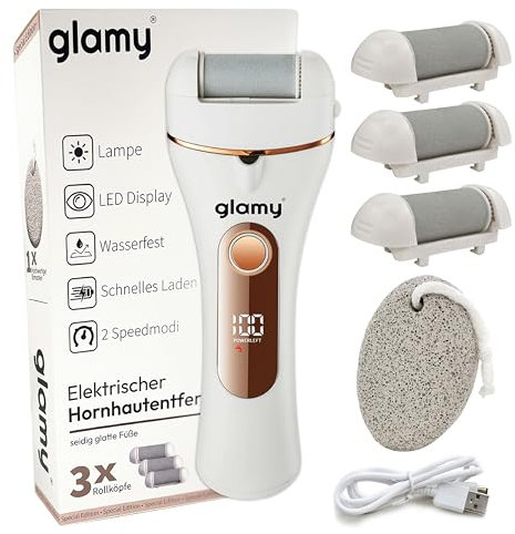Glamy Elektrischer Hornhautentferner mit Bimsstein – Wasserdichtes Fußpflege- & Pediküre-Set mit 3 Schleifrollen, LED-Licht, USB-Akku, Sanfte Hornhaut Entfernung