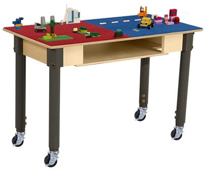 Wood Designs Time-2-Play Montessori-Spieltisch, rechtwinkliges Birkensperrholz, rot & blau, Lego-kompatible Bausteine, Tisch, integrierter Stauraum mit Rädern, für Kinder, 45,7 - 73,7 cm, verstellbare