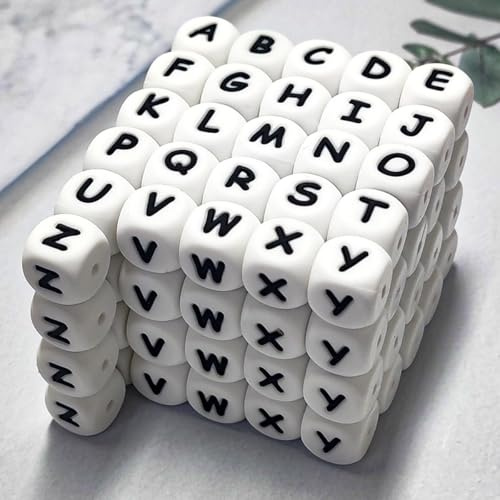 Abulun Lot de 104 perles carrées en silicone avec lettres de l'alphabet de 12 mm, perles en silicone pour la fabrication de porte-clés, bracelets et accessoires de loisirs créatifs