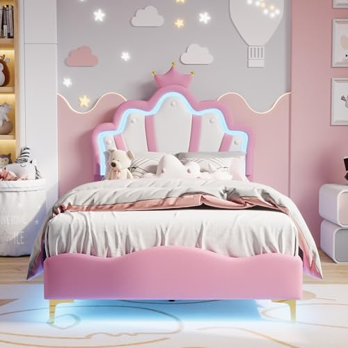 ADFUNIT Kinderbett 90x200, Polsterbett Einzelbett für Mädchen, kronenförmiges Prinzessinnenbett, jugendbett mit weiche aus PU und Einstellbarer LED-Lichtleisten, Rosa (Ohne Matratze)