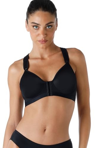 Lovable Reggiseno Sportivo Alto Impatto in Microfibra Tecnica | Allacciatura Frontale | Cotone Interno | Supporto con T-Back | Active Comfort Donna, Nero, 36 / 4C