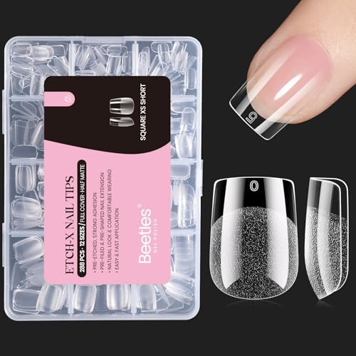 Beetles Lot de 288 faux ongles carrés extra courts Etch-X | Lot d'extensions de vernis à ongles semi-mates, couverture complète, cadeaux pour femme