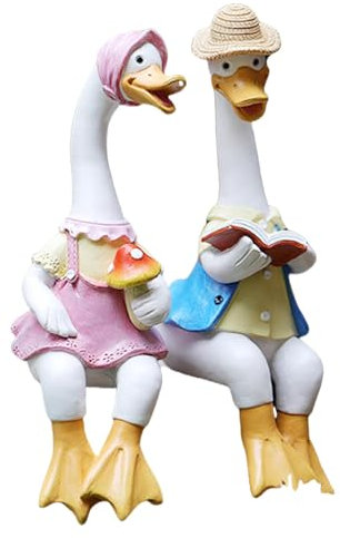 Coppia di statuette d'anatra, statua da giardino d'anatra, ornamenti prati per esterni, scultura degli amanti, statua d'anatra, decorazione esterna in resina, graziose anatre, design espressivo libro