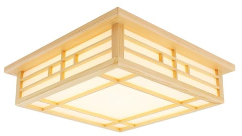 ACROSSPART 24W Deckenlampe Japanische Holz LED Deckenlampe Kronleuchter Warme Licht Japanische Wohnzimmer Licht Tatami Schlafzimmerlampe mit PVC-Schaffellimitat Lampenschirm 45x45x12cm
