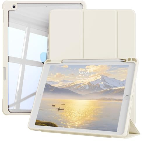 zoyu Hülle für iPad 9. / 8. / 7. Gen 10,2 Zoll 2021/2020/2019, Cremeweiß | Transparente PC Rückseite, Stoßfester TPU-Rahmen, Integrierte Stiftablage, Auto Wachen/Schlafen Hülle für iPad 9/8/7