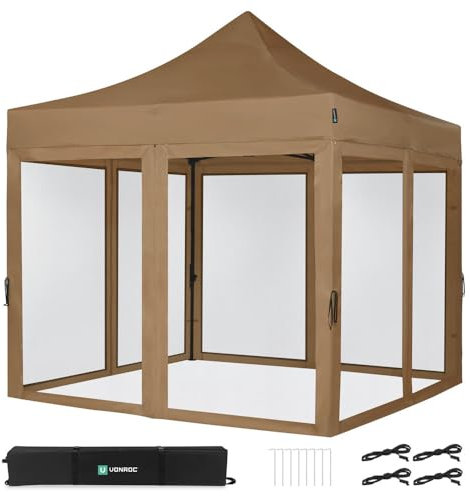 Pavillon Easy-Up 3 x 3 m – Gartenzelt mit Stahlrahmen, wasserdichte Plane, UV-Schutz 50+, Transporttasche mit Rädern – modular und erweiterbar (3x3m Insektenschutz, Beige)
