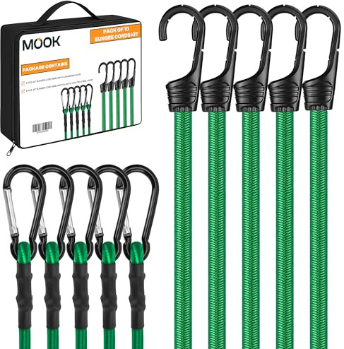 MOOK Heavy Duty Bungee Cords with Hooks, 10-Piece Bungee Cord Set - Multi-Length Bungees for Travel, Cargo, Camping, Luggage, Storage – Versatile Use – Weather-Resistant & Durable