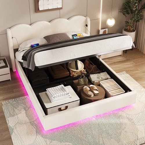 Doppelbett Polsterbett 140x200, LED Hydraulisches Stauraumbett Funktionsbett Jugendbett Bettgestell mit Stauraum&Lattenrost, Wellenförmiges Kopfteil mit USB Ladefunktion, Samt, Ohne Matratze, Beige