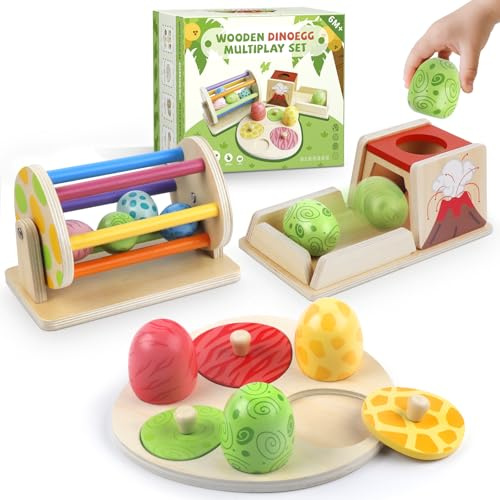 Weilim Set di Giocattoli Montessori in Legno per Bambini – Uova di Dinosauro, Tamburo Rotante, Scatola di Permanenza, Gioco di Impilamento e Puzzle, Regalo Educativo per Bimbi 6+ Mesi 1 2 3 Anni (zz)