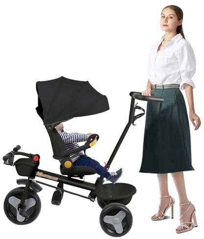 Supfine 5-in-1 Evolutiv Baby Dreirad Kinderwagen mit drehbarem Sitz, 360°, Schiebegriff, abnehmbarem Sonnendach, 3-Punkt-Sicherheitsgurt, Aufbewahrung, 1 bis 5 Jahre (Schwarz, 5-in-1)