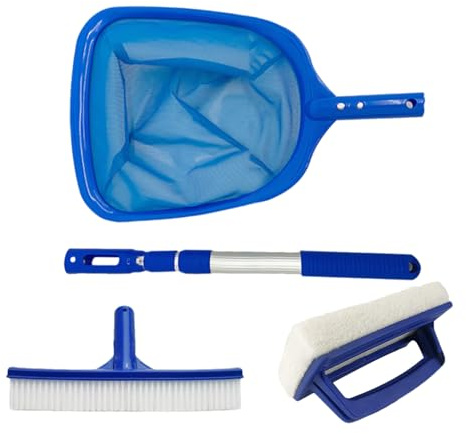 4 Kit De Nettoyage De Piscine, Épuisette DePiscine, Filet De NettoyageDe Piscine avec Poteau Réglable, Brosse De Nettoyage DePiscine, Accessoires pour Nettoyer Les Bassins De Jardin, Filet D'écumage