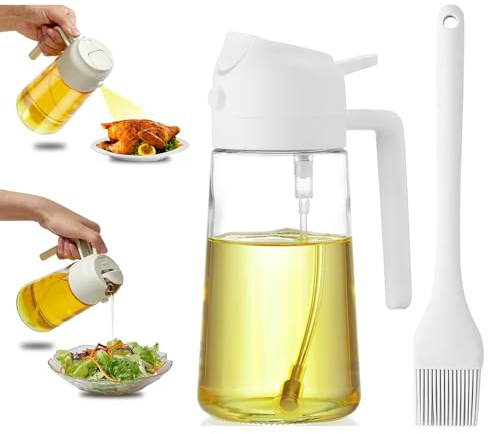 Spruzzino Olio, 470ml Spruzzino Olio per Friggitrice Aria, Bianco 2 in 1 Dosatore Olio, Riutilizzabile Vaporizzatore Olio Cucinare, per Cucina, Insalata e Barbecue,Spruzzatore Olio