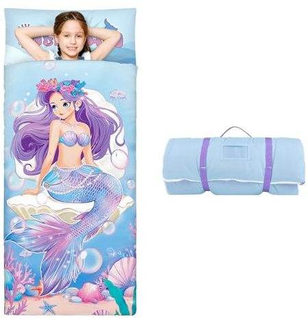 Grandi Dimensioni Sacco a Pelo Bambino con Rimovibile Cuscino 170×75cm, Pieghevole Nap Mat Caldo per Bambini Ragazze, Nap Mats con Doppia Cerniera per Campeggio, Scuola Materna e Asilo, Sirena