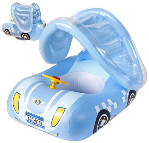 Baby Float with Canopy, Inflatable Car Shape Toddler Pool Float with Seat & Steering Wheel for Girls, Boys 1-6 Years