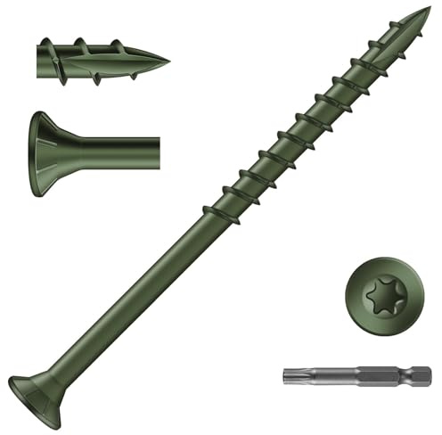Zynthor 50Pcs 4.8 x 75mm Decking Screws, Green Wood Screws | Flat Head Deck Screw, Torx Drive Screw for Wood Timber, T25 Star Bit Included