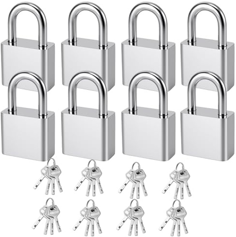 PINGEUI 8 Pack Padlocks with Keys, 30mm Mini Key Padlock, Small Pad Locks for Gym Locker, Suitcase, Travel Bag, Cabinets, Silver