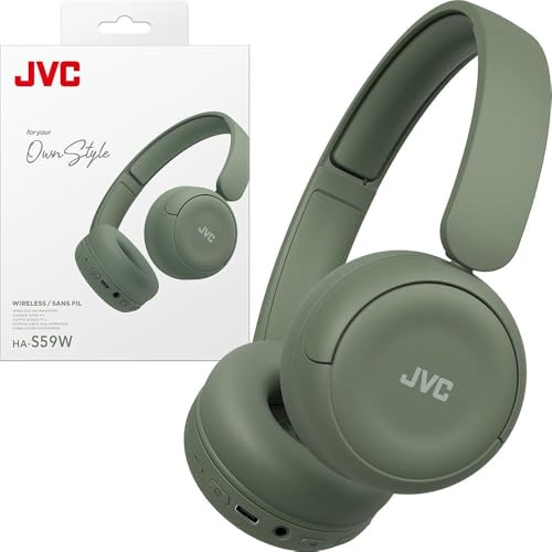 JVC Cuffie wireless HA-S59W-G con batteria da 50 ore, cuscinetti auricolari morbidi, design pieghevole, Bluetooth 5.3, Multipoint, App -EQ e microfono - Verde opaco