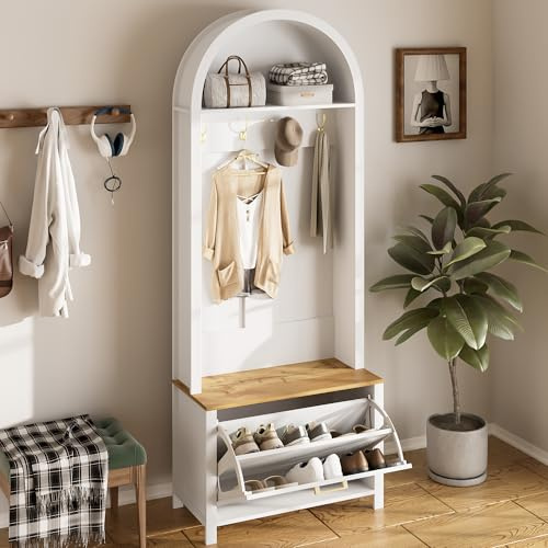 BENMWS Armadio guardaroba con scarpiera, 80 x 200 cm, ripiano e gancio, multifunzionale, per ingresso, design moderno, piedini in ferro, colore bianco