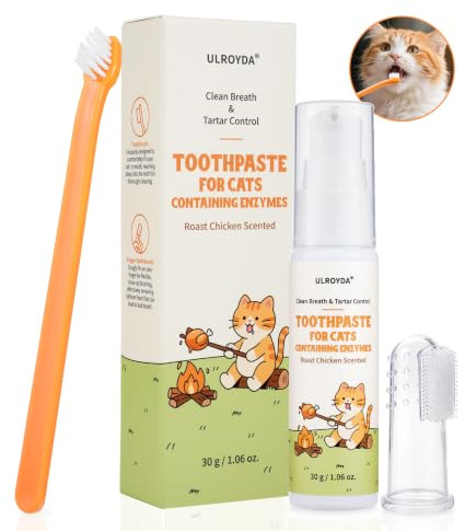 ulroyda Enzymatic Cat Toothpaste Kit – Roast Chicken Flavor Dental Care for Cats & Kittens | Fights Plaque, Tartar & Bad Breath | Includes Toothbrush & Finger Brush, 1.06 oz