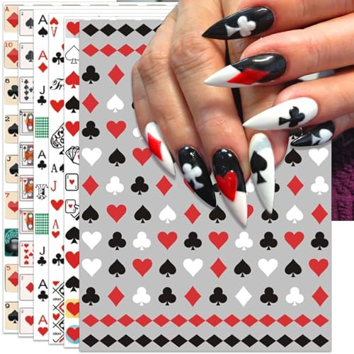 Selbstklebende Poker Nagelsticker, Spielkartenmuster Nagelaufkleber zur Nageldekoration, Geometrische Zahlen Buchstaben Stil Maniküre Dekorationen Aufkleber für Frauen/Mädchen (D)