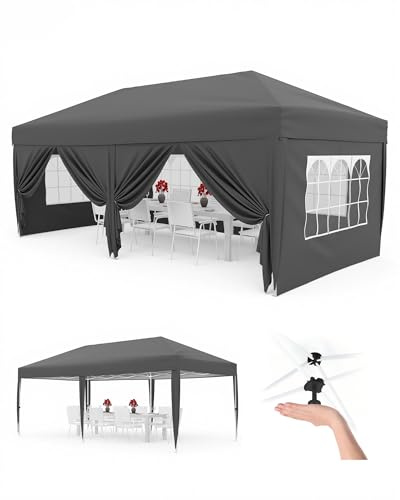 Vikbar paviljong 3 x 6 m vattentät stabil med 6 sidoväggar – puppaviljong vikbar av 420D Oxford, UV-skydd 50+, justerbar i 3 fack, festtält med bärväska för trädgård och utomhus, grå