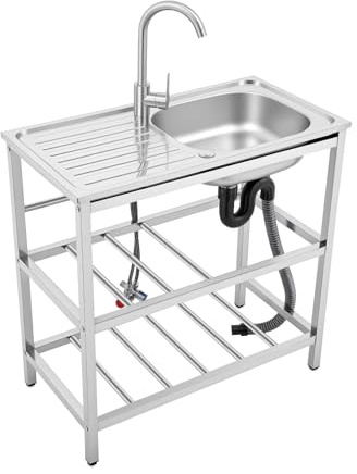 1 Becken Spültisch 75x40x78cm Freistehende Spülbecken für den Außenbereich,Edelstahl Waschbecken mit Werkbank & Lagerregal,Kalt- und Warmwasserhähne,40kg Tragfähigkeit Einzelbecken Outdoor Spüle (A)