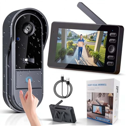 Pak2iaa Video Doorbell Wireless with 4.3 Inch Screen, No WiFi No App Doorbell Camera, Two Way Audio, Night Vision, IP65 Waterproof, Doorbell Camera No Monthly Fee, Easy Use for Home and Elderly