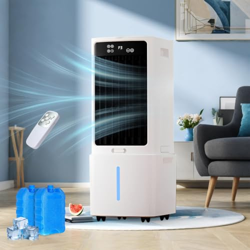 12L Rafraîchisseur d'Air, 3 Vitesses, Climatiseur Mobile avec Télécommande, Minuterie 1-12h, Oscillation 60°, Silencieux Climatiseur Portable avec Réservoir amovible pour Camping Chambre Cuisine