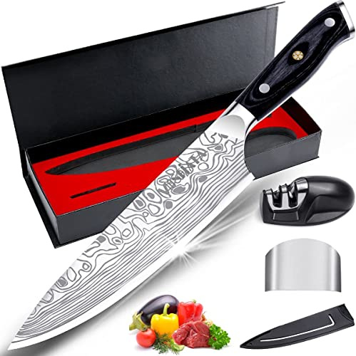 MOSFiATA 8 Super Sharp Professional Chef's Knife with Finger Guard and Knife Sharpener, German High Carbon Stainless Steel EN1.4116 with Micarta Handle and Gift Box