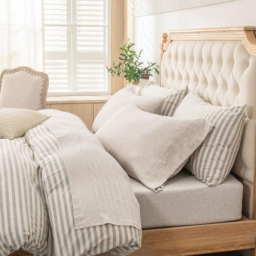 PURE ERA Jersey Knit 4pc Bed Sheet Set 100% T-Shirt Heather Cotton Super Soft Comfy Breathable Fits Mattress Up to 20 Extra Deep Pocket (Heather Beige, Queen)