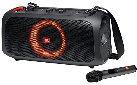JBL PartyBox On-The-Go - A Portable Karaoke Party Speaker with Wireless Microphone, 100W Power Output, IPX4 splashproof, 6 Playtime Hours, Shoulder Strap and Wireless 2 Party Speakers Pairing (Black)