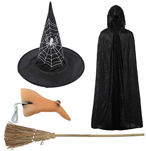 Carnavalife, Disfraz Completo de Bruja para Fiesta de Halloween. Incluye sombrero con diseño de araña, uñas, capa, nariz y Escoba. Fiesta de Disfraces de Miedo. 140cm