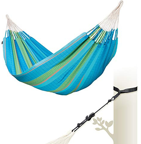 LA SIESTA - Flora Curaçao - Klassische King Size Hängematte aus Bio-Baumwolle + TreeMount Black - Baum- und Pfostenbefestigung