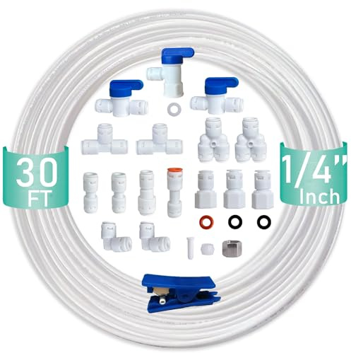 ESHIONG NSF Certified 1/4 O.D. Push to Connect Fittings for RO (Reverse Osmosis) Water Filter（ Fridge Installation Kits）20 pcs+30 feet 1/4 Water tubing.