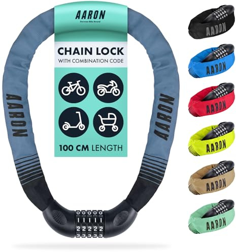 AARON Lock One-cykellås med 5-siffrig nummerkod, kedjelås av stål med hög säkerhetsnivå | lås för elcykel, mountainbike, trekkingcykel, touringcykel, landsvägscykel - gråblå